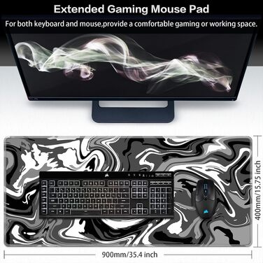 Ігровий килимок для миші Abetcabe Gaming XXL, підкладка на стіл 900 x 400 мм, чорно-сірий Fluid
