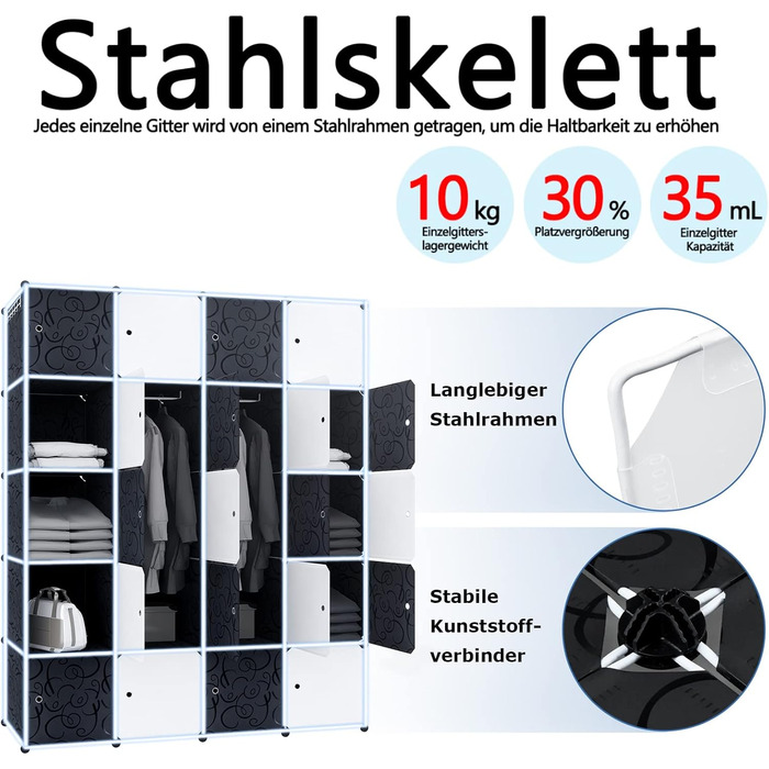 UISEBRT DIY Plastic Wardrobe System - Stackable Shelving Unit, Closet Organizer, Coat Rack, Shoe Rack, Plastic Boxes, Black with Pattern (20 Boxes with Door)