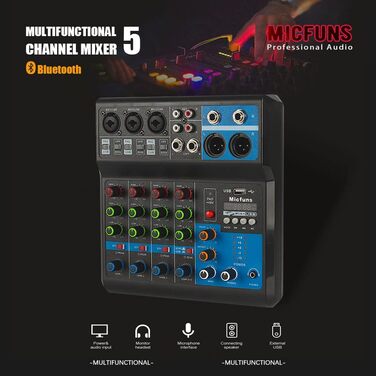 Міні аудіо DJ-мікшер 5-канальний з Bluetooth, USB, MP3, 48V фантомним живленням, стерео, для професійного студійного та сценічного використання, вечірок, KTV