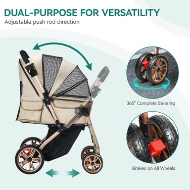 YITAHOME Buggy для собак та котів, складний, до 22 кг, з обертовим ручками, сітковими вікнами, тримачем для напоїв, EVA-колеса з гальмом (Бежевий)