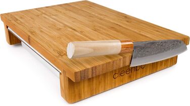 Classic bamboo cutting board GN with magnetic knife holder and stainless steel drip tray, professional wooden kitchen board made of oiled bamboo with container. Cutting board dimensions: 43 x 29 x 7.5 cm
