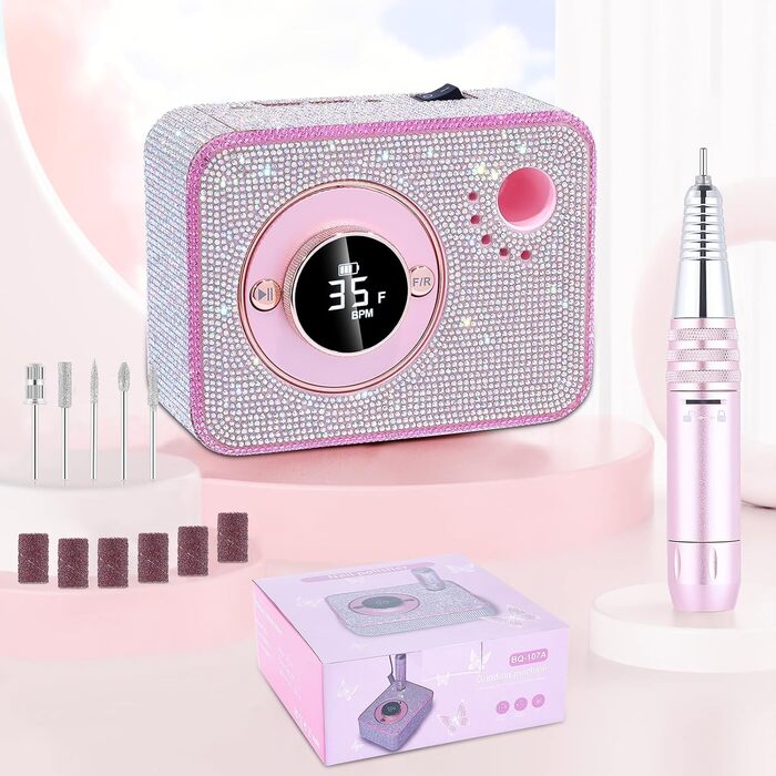 Професійна електрична машинка для манікюру та педикюру 45000 RPM, рожева, з алмазним фрезером, для салонного та домашнього використання