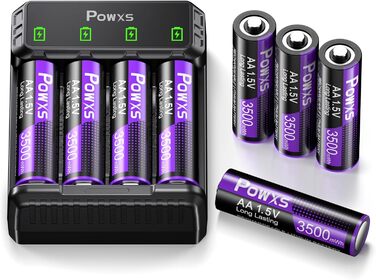 Акумулятори POWXS 8x 3500mAh AA Lithium з 8-порідним швидким зарядним пристроєм з LCD-дисплеєм | Швидка зарядка та стабільна напруга 1.5V | Для геймпадів, LED-ліхтарів, пультів дистанційного керування