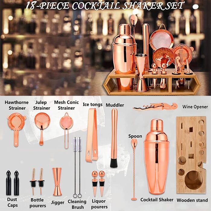 Набір для коктейлів Hansum, 18 предметів, нержавіюча сталь, рожеве золото, з дерев'яною підставкою для бармена