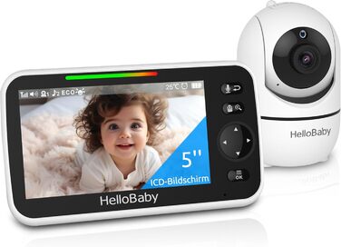 Дитячий відеоняня HelloBaby HB6550 з камерою, акумулятор 3500 mAh, 5-дюймовий екран, поворот 355°/нахил 120°, 2-сторонній аудіо, датчик температури, 8 колискових, нічне бачення