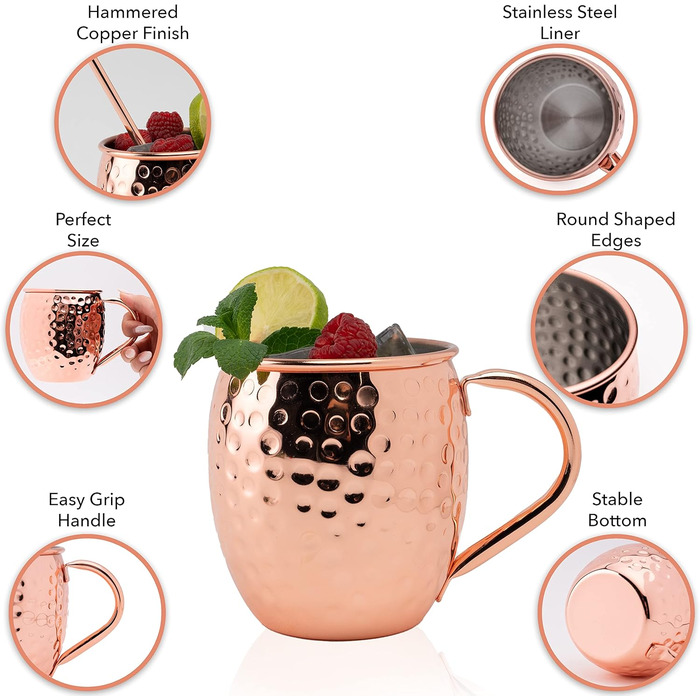 Moscow Mule Mug Set - 4 x 500 ml Copper Mug Set with Stainless Steel Interior - Cocktails, Iced Coffee, Lemonade & Gin Copper Mugs - 4 Straws, 4 Coasters, Jigger & Cleaning Brush