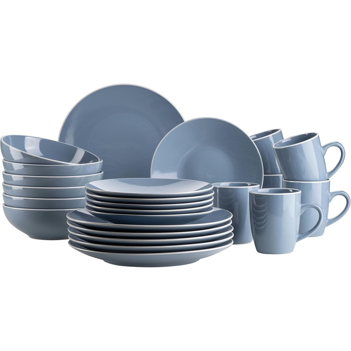 MÄSER 931844 Elissa Series Modern Dinnerware Set for 6 People in Blue with White Rim, 24-Piece Combination Service, Stoneware
