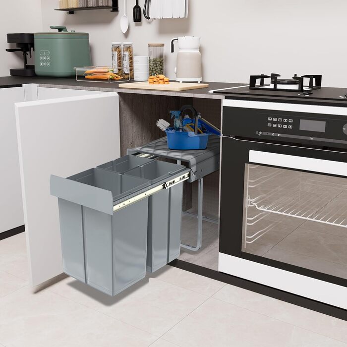 Вбудований контейнер для сміття HENGMEI з висувними ящиками для сортування, сірий (1x20L + 2x10L)