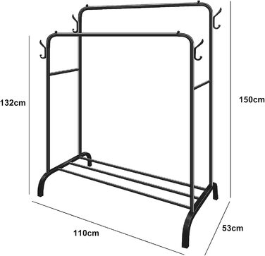 Metal Clothes Rack Clothes Stand Stable, Double Rod Durable with 1 Tier Shelf and 4 Side Hooks, Freestanding Clothes Rack, Multi-Purpose Organizer, Bedroom, Black