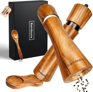 Набір для перцю та солі BAMBUNA з акацієвого дерева - 5 шт. з регульованою керамічною жорна - ручна млинка з підставкою та ложкою - Made in Germany