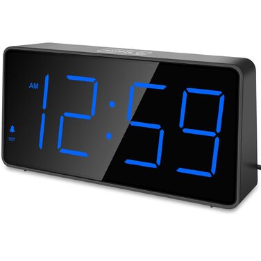 Цифровий LED будильник Eachui з зарядною станцією, великі цифри, регулювання яскравості та гучності, функція Snooze, формат 12/24 год (Синій, Великий)