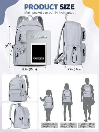 Жіночий рюкзак FIORETTO для дівчаток та хлопчиків, підходить для ноутбука 15.6 дюймів, з антикрадійним кишеням, ідеальний для школи, коледжу, подорожей, зелений (світло-сірий)