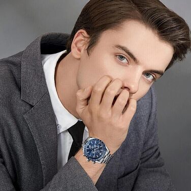 Годинник чоловічий BENYAR з хронографом, кварцовий, водостійкий 30M, з датою, для активного відпочинку, спортивний, шкіряний (блакитний)