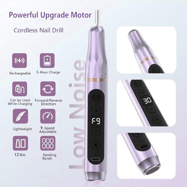 Електричний фрезер для нігтів бездротовий 12 в 1 професійний, манікюр/педикюр, USB, 9 швидкостей, 20000 об/хв (фіолетовий)