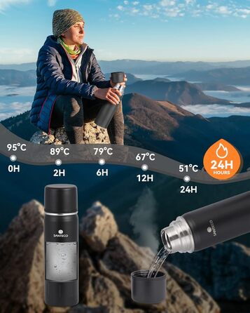 Термос з нержавіючої сталі SANTECO 1л/500мл, ізотермос з кришкою-чашкою, для дітей, спорту, без BPA, 24 години холод, 12 годин тепло, чорний