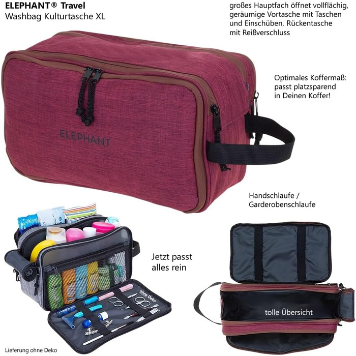 Туалетна сумка-органайзер для подорожей Elephant: велика, для жінок та чоловіків, червона, бордово-коричнева