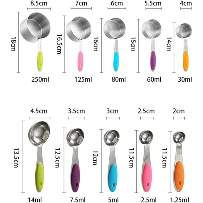 FBHappiness 10-Piece Stainless Steel Measuring Cups and Spoons Set, 5 Measuring Cups and 5 Measuring Spoons with Colored Silicone Handles (Color: A, Size A