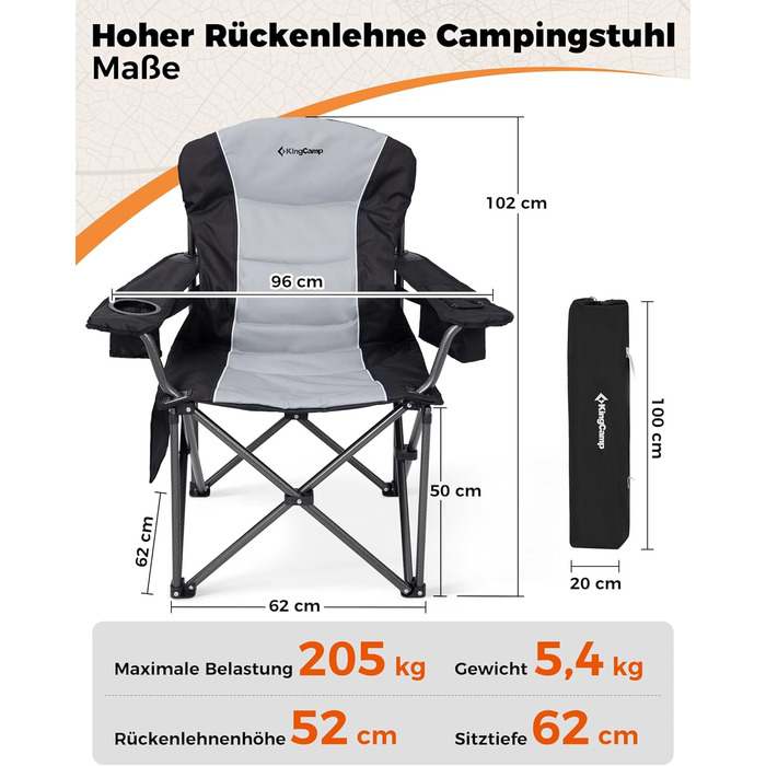 Крісло для кемпінгу KingCamp XXL, 205 кг, з регульованою спинкою, підстаканником та сумкою-холодильником