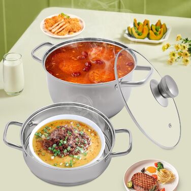 Пароварка 20 см з нержавіючої сталі з кришкою з скла, 2-рівнева пароварка, каструля для супу, пароварка для індукції, каструля для приготування на пару, каструля для овочів, риби, супу, галушок