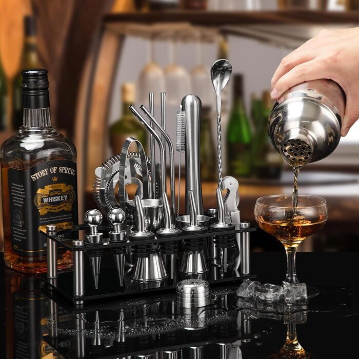 Набір бармена Cinnani 20 предметів: шейкер, аксесуари для бару, підставка, з нержавіючої сталі. Подарунковий набір для приготування коктейлів