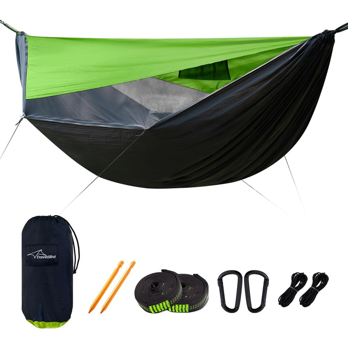 Гамак для кемпінгу з москітною сіткою та стропом, великий на 2 особи, 290 x 140 см, швидко розкладається, ультралегкий, армійний/зелений колір