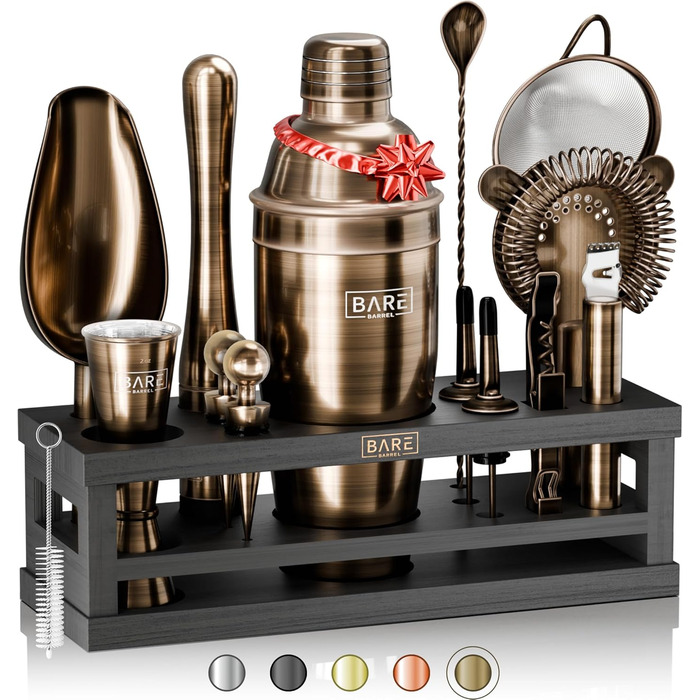 Набір бармена BARE BARREL® Mixology: 16 предметів для приготування коктейлів | Шейкер, барний аксесуар, набір для дому | 35 рецептів, 24oz Cobbler Shaker