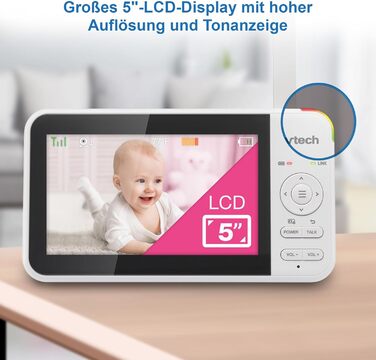 Відеоняня Vtech VM901-1W з Wi-Fi, 5-дюймовий HD-дисплей, поворотна камера 1080P, мобільний додаток, широкий кут огляду 120°, сумісна з iOS та Android