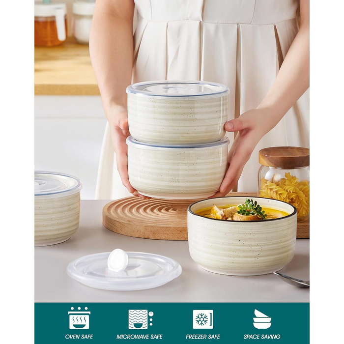 Набір керамічних супових та сервірувальних мисок Vancasso Bonbon з кришкою (4 шт.), бежевий