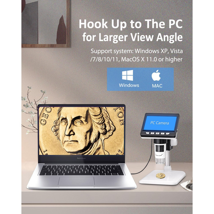 Цифровий мікроскоп AOPICK з LCD екраном, 50X-500X, 4.3 дюйми, 1080P, USB, 8 LED, для дорослих/дітей, сумісний з MacOS Windows (білий)