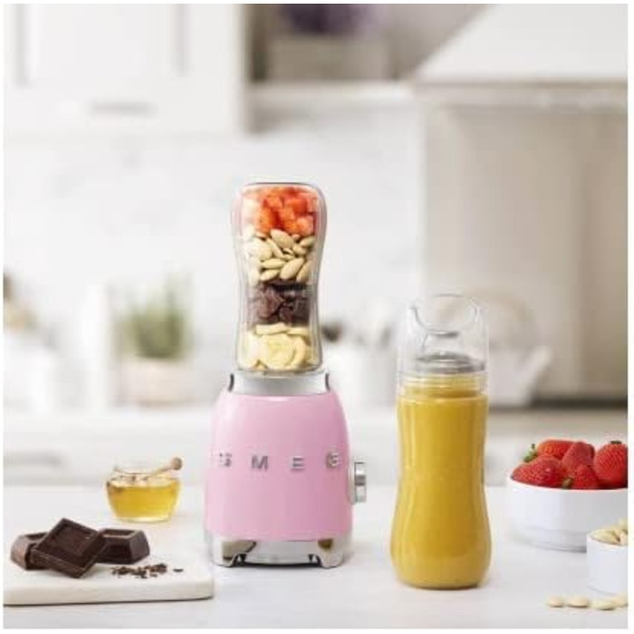 SMEG, Personal Blender PBF01PKEU, 2 speed settings, stainless steel double blade, 2 x 600 ml bottles included, non-slip base, integrated cable management, 300W, Rose