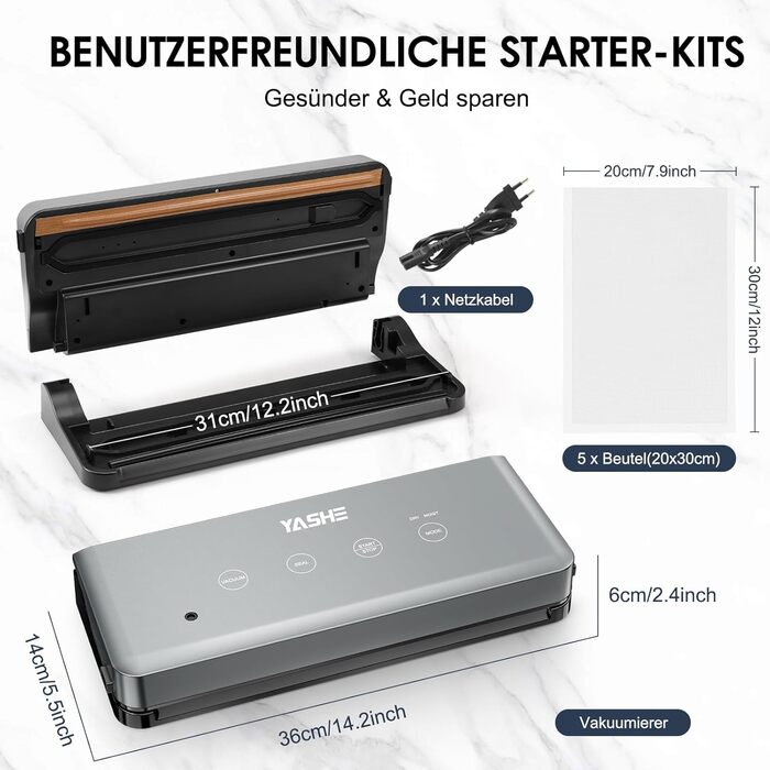 Вакуумний пакувальник YASHE з сухим та вологим режимом, 5-в-1, зварювальна штанга 30 см, для су-від та консервації м'яса, риби, фруктів та овочів