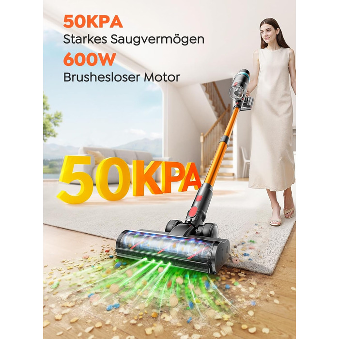 Бездротовий акумуляторний пилосос 50KPA/600W/65Min з висувним шлангом 1м, станція зарядки, автоматичний режим, антизаплутувальна щітка, багаторівнева фільтрація для килимів/твердих підлог/автомобіля