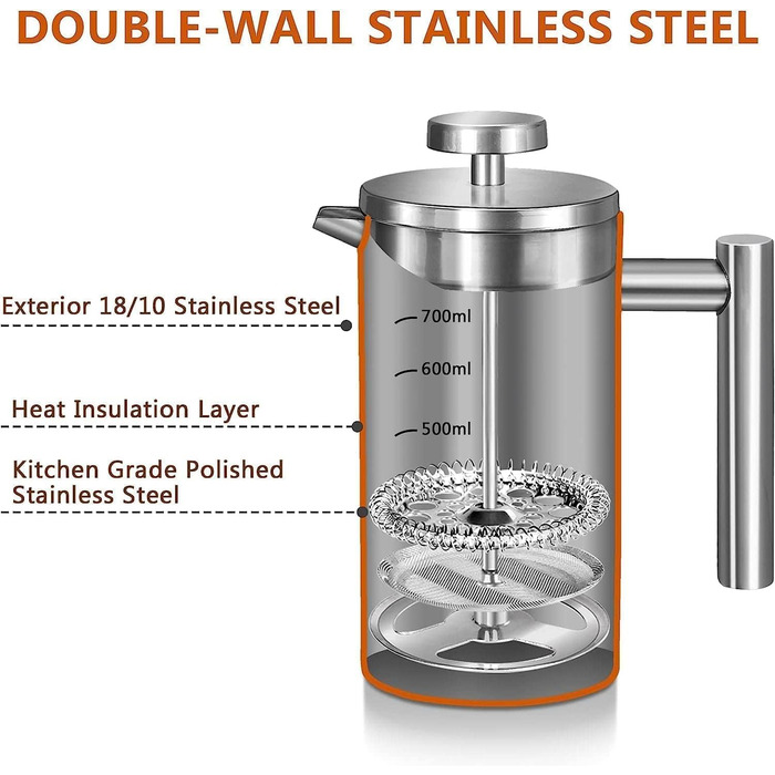 Френч-прес для кави, 600 мл, нержавіюча сталь, з 3-рівневою фільтрацією, подвійні стінки, з ложкою, сріблястий
