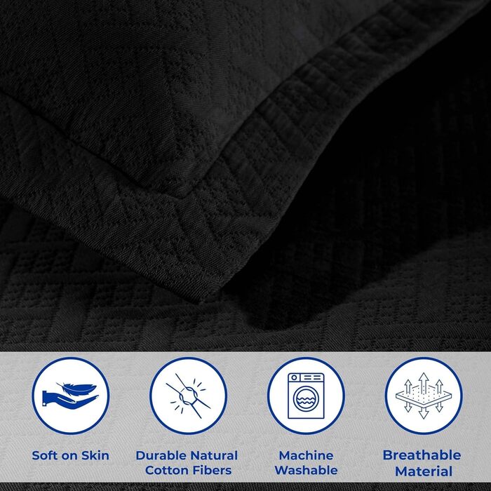 Чорна денна ковдра з наволочками з бавовни, повний розмір