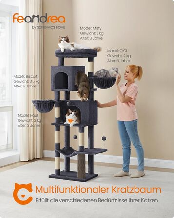Кігтеточка Feandrea, 175 см, XL, багатоярусна з 2 будиночками, 2 лежаками, 5 кігтеточками, щіткою для котів, великою платформою, темно-сіра