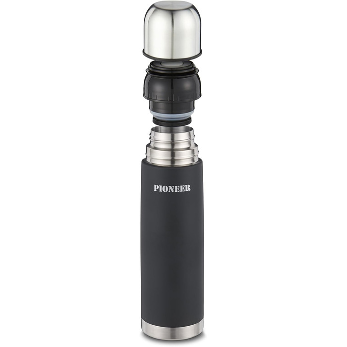 Pioneer Stainless Steel Insulated Flask with Button Lid & Drinking Cup - 1.0L Double-Walled Vacuum Insulation - Keeps Hot for 8 Hours, Cold for 24 Hours - Leakproof, BPA-Free - Black, 1000ml