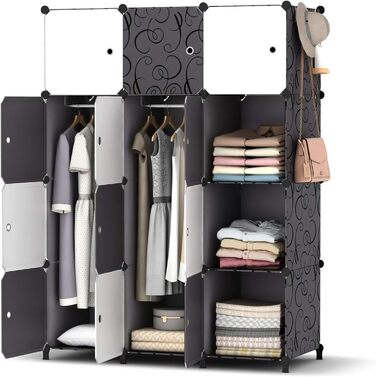HOMIDEC Closet, Portable Storage System, 20-Cube Plastic Closet with 2 Clothes Rods, Bedroom Closet Wardrobe White for Bedroom, 180 x 142 x 45cm (12 cube, White & Black)
