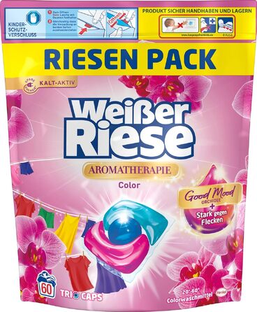 Набір Weißer Riese: Капсули для прання Color Trio-Caps Орхідея та Макадамія (120 шт) та освіжувач для унітазу WC FRISCH Spa Momente Harmonie (50 г)