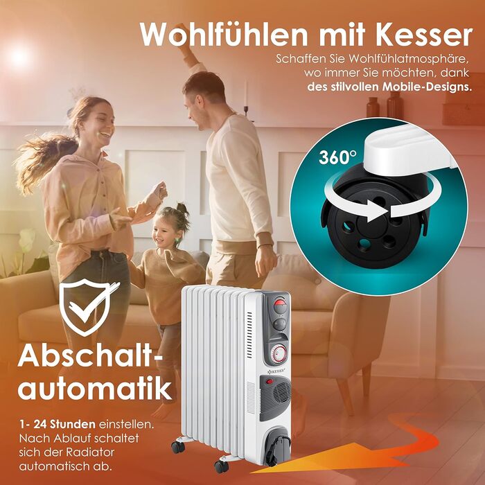 Електричний масляний радіатор KESSER® 2500W з вентилятором, 11 ребер, білий. Масляний обігрівач з таймером, регулюванням температури та захистом від перегріву.