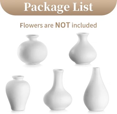 Set of 5 Small White Ceramic Vases - Mini Handmade Vases for Pampas Grass & Flowers - Modern Home Decor for Living Room, Kitchen, Office & Table