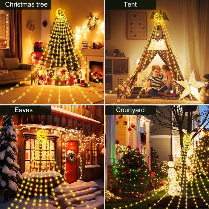 Гірлянда для ялинки 3,5м, 346 LED, 9 струмків, зірка-верхівка, 8 режимів, вологостійка, тепле біле світло