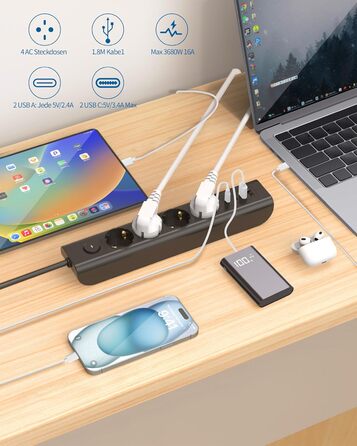 Многофункціональна мережева розетка 8 в 1 з USB, 3680W, з вимикачем, 16A, 2 USB-C, для смартфонів, ноутбуків, iPad, білий/чорний, 1.8м кабель