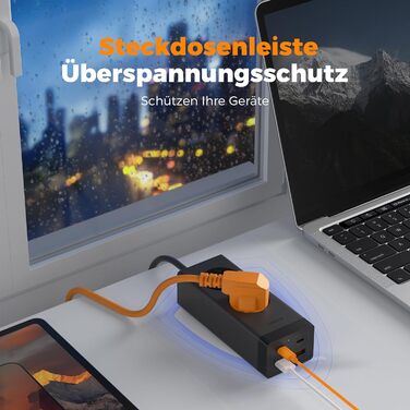 TESSAN Розподільник розеток USB-C 30W з GaN, 2 розетки, кабель 2м, захист від перенапруги 3600W, для офісу (5м, чорний)