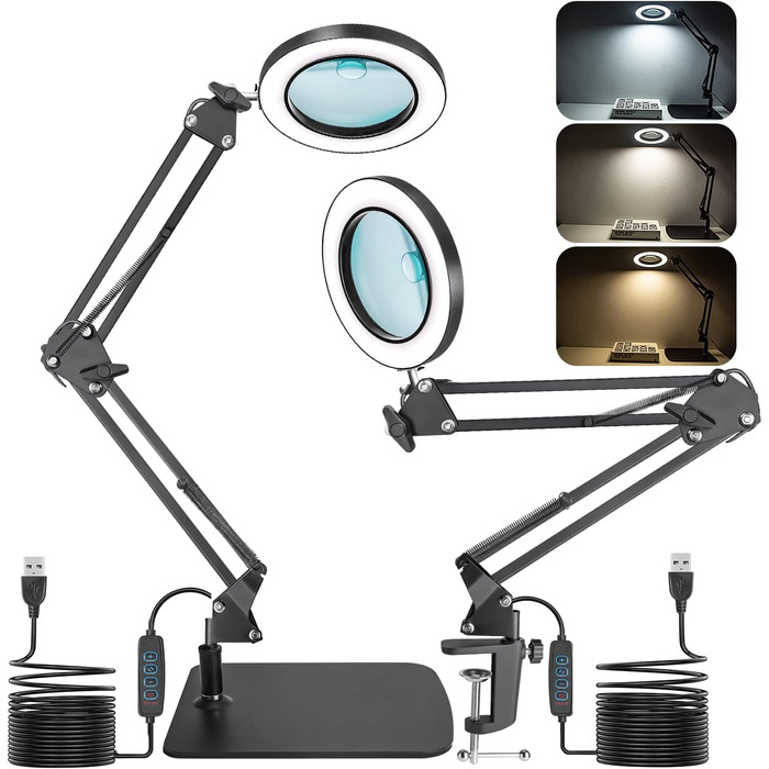 Лупа Jubor 2-в-1 з підсвічуванням та підставкою, 15x/10x, LED, з кріпленням та основою, настільна лампа, 3 режими, регулювання яскравості, для хобі, ремонту, DIY, чорна