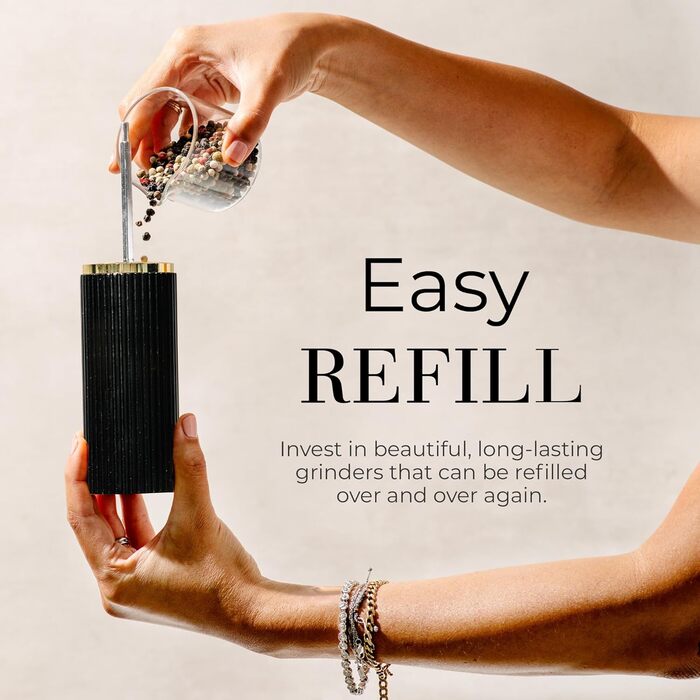 Набір для солі та перцю Styled Settings – біло-чорний з золотом, ручний, 2 шт., з регульованим керамічним жорном та дерев'яною підставкою