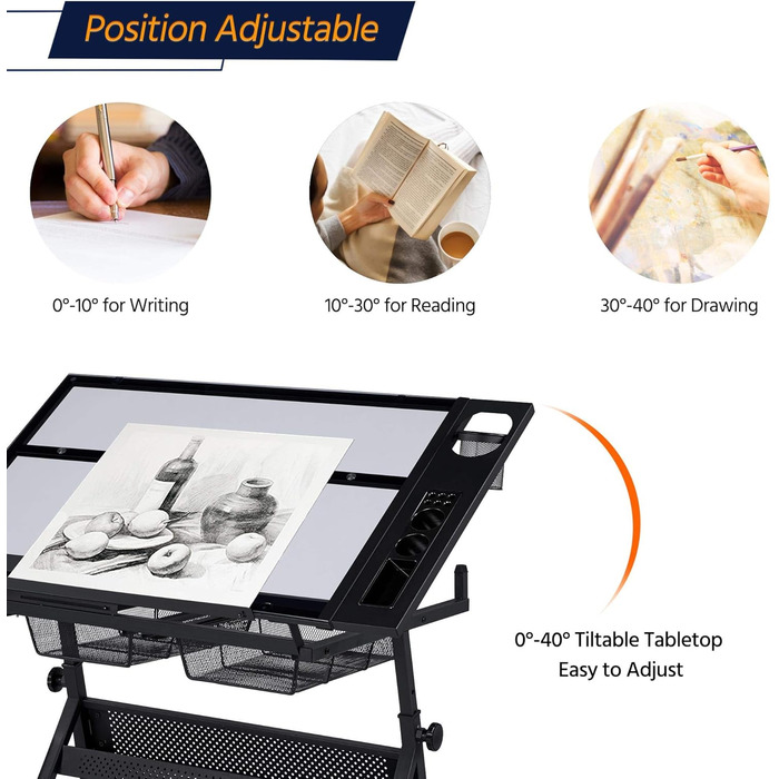 Yaheetech Adjustable Height Drafting Table Set with Tilt-Top, Storage & Stool - Drawing/Art Desk for Artists - Black