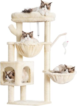 Котячий будиночок Heybly Kratzbaum: 100 см, з платформою, печерею, 2 гамаками та іграшками. Активний котячий будиночок, HCT006SG (Бежевий)