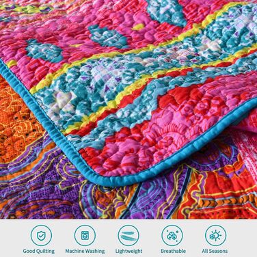 Qucover Boho Bedspread 220x240cm Duvet Cover for Double Bed Quilted Blanket with 2 Pillows Indian Style Boho-3 220x240cm+50x75cm x2