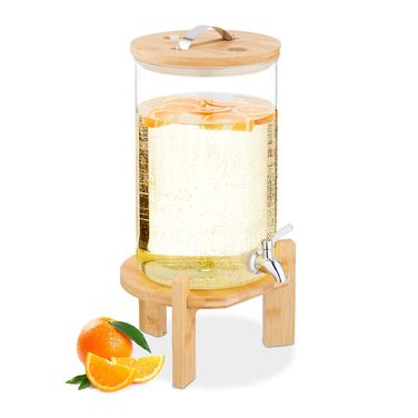 Диспенсер для напоїв Relaxdays, 8 л, бамбуковий підставник, термометр, прозорий посуд для пуншу, холодних та гарячих напоїв