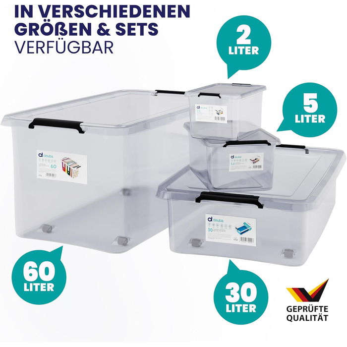 Deuba® Storage Boxes 6 x 60L with Lid and Wheels, Stackable, Transparent BPA-Free Plastic, Click Closure, RB60 for Office, Garage, Laundry Room